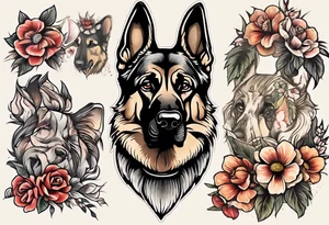 German shepherd portrait with flowers tattoo idea