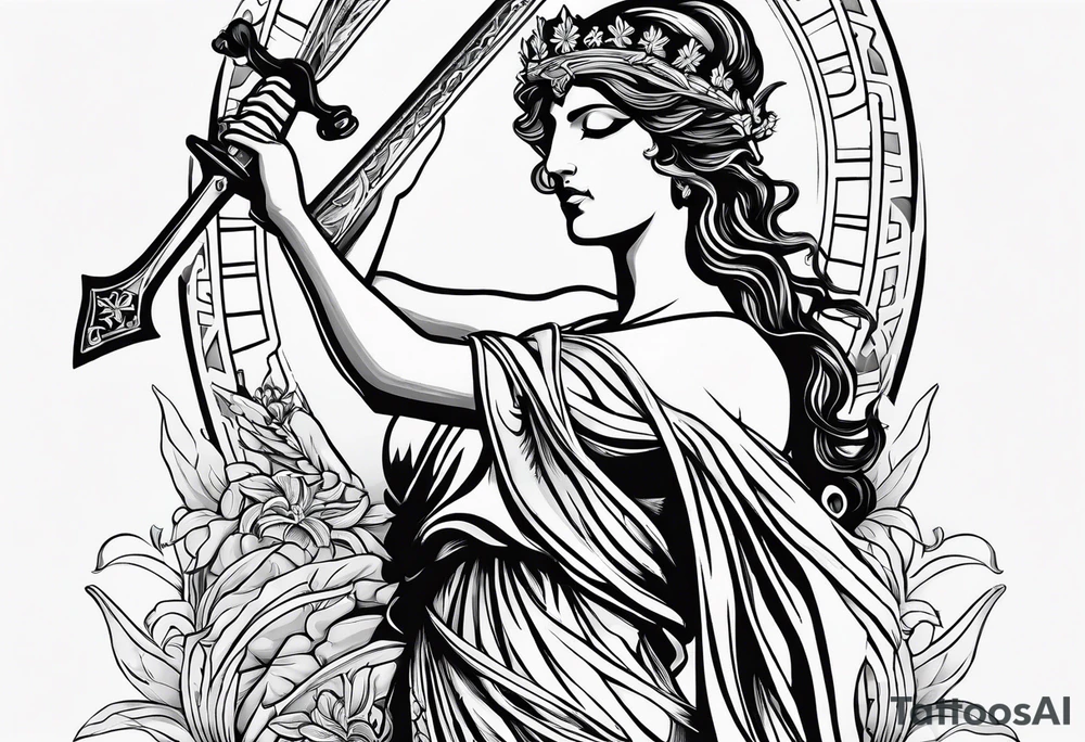 Themis (Greek Goddess of Justice), cutting her eyes with her sword. It is necessary to convey an atmosphere of greed and power. tattoo idea