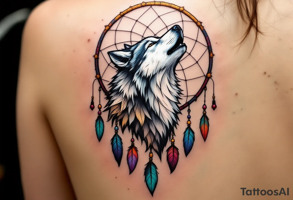 A majestic wolf howling in front of a dreamcatcher. The wolf is surrounded by dangling feathers and colorful beads that represent protection and guidance. A mix of earthy browns, dark greys for the wolf, and vibrant colors like deep red, turquoise, and gold for the feathers and beads. tattoo idea