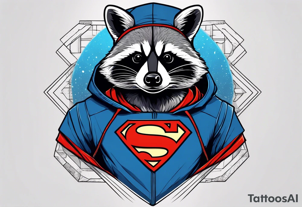 raccoon wearing a Superman hoodie tattoo idea