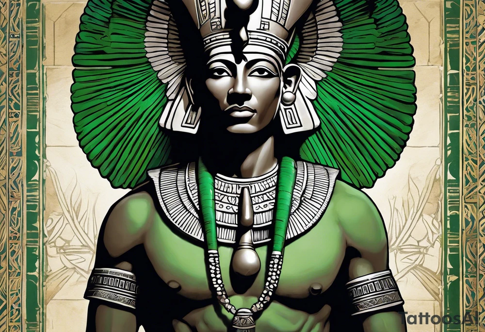 The tattoo represents Osiris, the god of the afterlife and resurrection, with his iconic green skin and traditional attire. His body is wrapped in a detailed shroud, and he is depicted with the Atef crown, featuring the white crown of Upper Egypt flanked by two feathers. His eyes are serene yet powerful, reflecting his role as the judge of the dead. The detailed texture of his skin and attire, along with realistic shadows and highlights, accentuate Osiris’s divine and otherworldly presence. tattoo idea