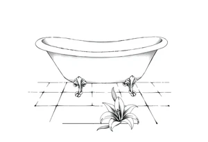 Clawfoot bathtub on tile floor with lily coming up from floor tattoo idea