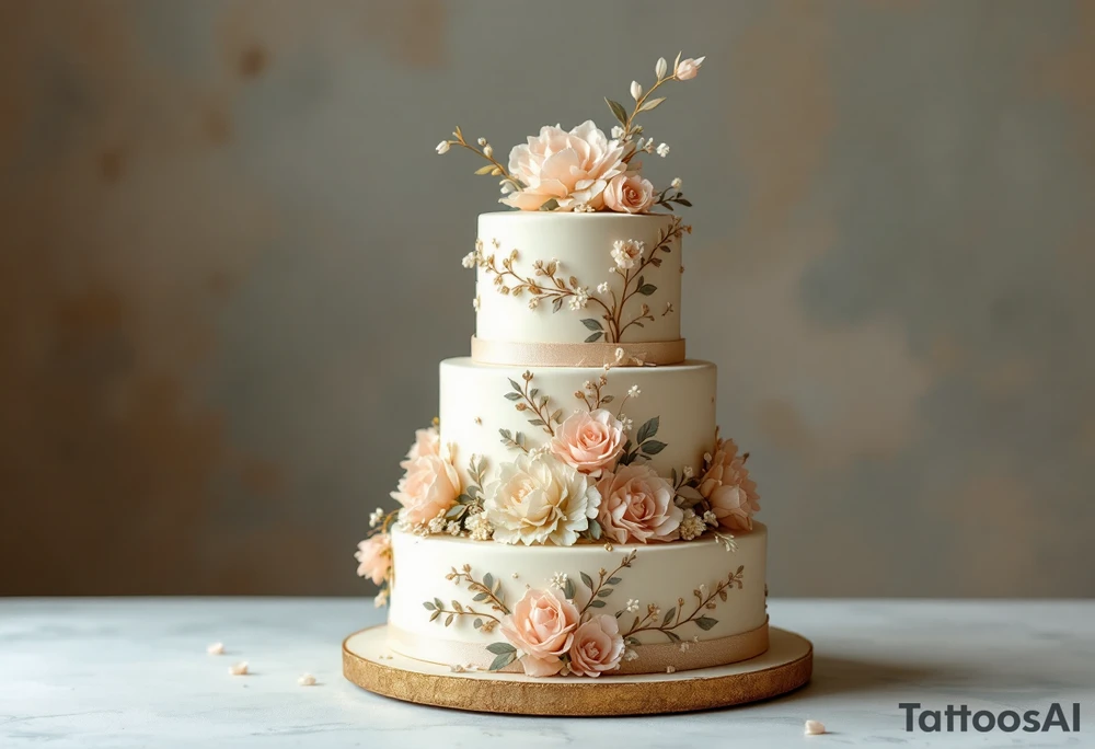 A vintage-style wedding cake with three tiers, adorned with floral accents (roses, hydrangeas), and topped with a small, delicate bow. Ivory cake with soft pink and peach flowers, gold accents, and a light cream ribbon. tattoo idea