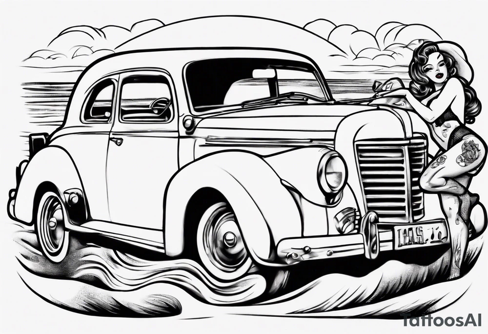 Pinup doll riding old car along the beach tattoo idea