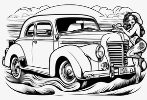 Pinup doll riding old car along the beach tattoo idea