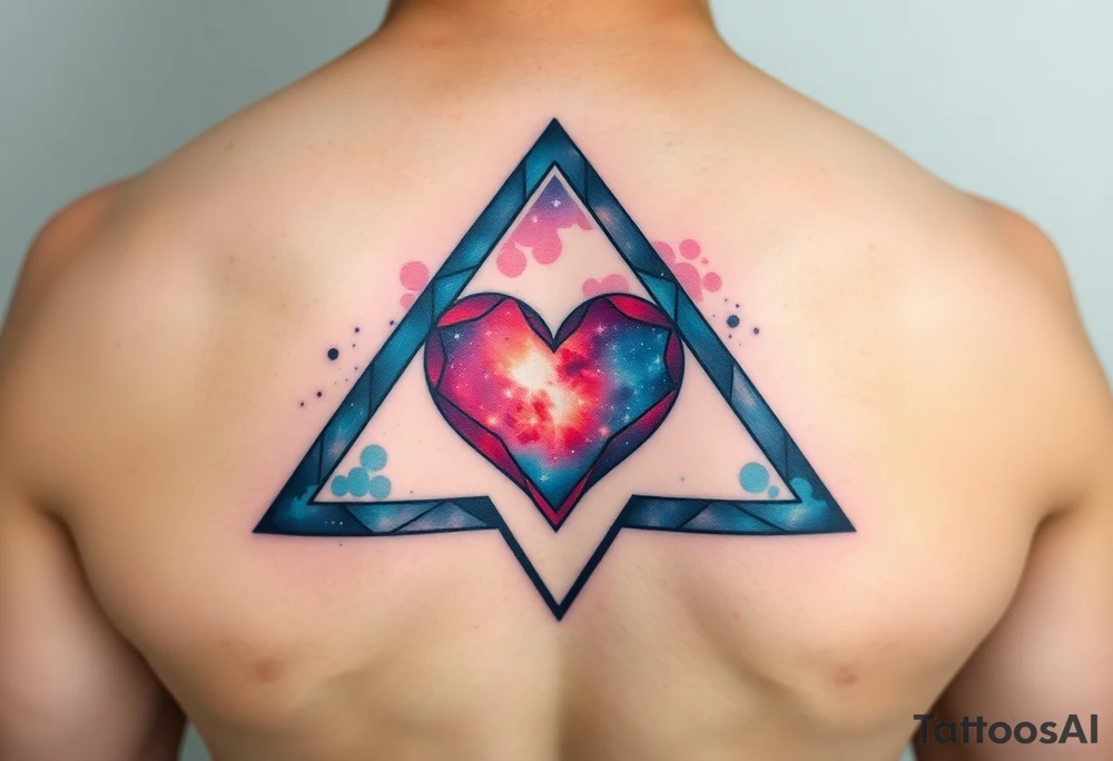 A triangle with a big heart in the center and  
galaxy inside the triangle tattoo idea