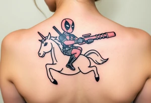 Deadpool riding unicorn pointing rocket propelled grenade launcher tattoo idea