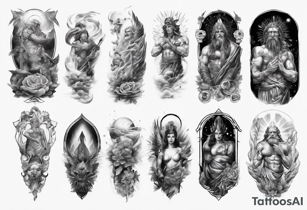 gods theme sleeve realistic tattoo idea