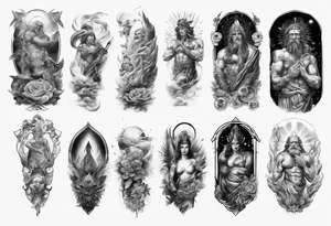 gods theme sleeve realistic tattoo idea