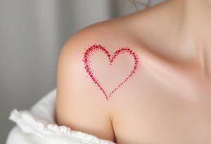 Dotted outline of a heart in red and pink on the shoulder – Soft and emotional with a pixel-art vibe. tattoo idea