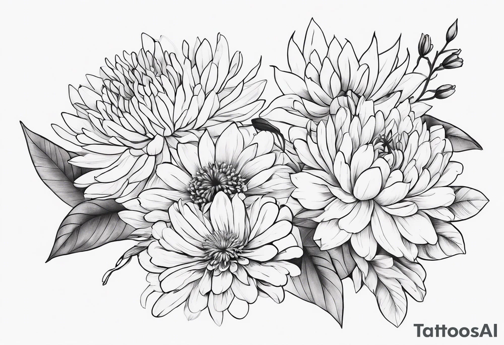Asters, roses, Lillies, chrysanthemums in a long line tattoo idea