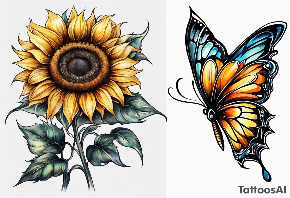 Sunflower with butterfly half leg sleeve tattoo idea
