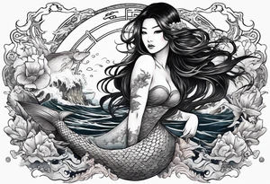 Asian mermaid with long black hair picks through shipwreck tattoo idea