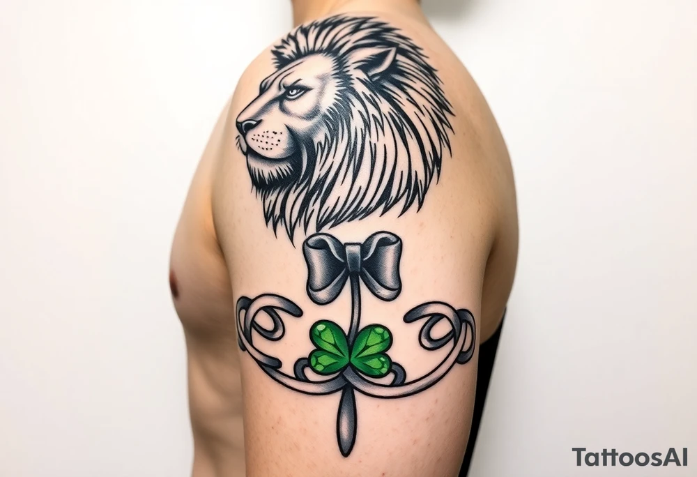 Show on a man's arm. Create a men's half-sleeve tattoo featuring a mighty, majestic lion at the top of the shoulder. Extend the bottom of the lion's mane to create open and shaded Celtic knots that travel down the arm, incorporating a ribbon twist. At the twist, make a Celtic shamrock with green peridot jewel petals and an organic stem. Continue the knots to intersect with a Celtic warrior armband that wraps the arm just above the elbow. tattoo idea