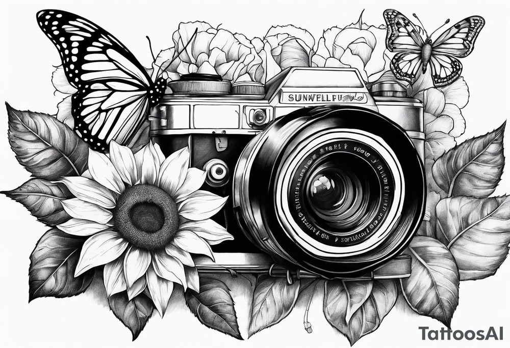 Book, sunflower, camera, butterfly, flower rose tattoo idea Book, sunflower, camera, butterfly, flower rose tattoo idea