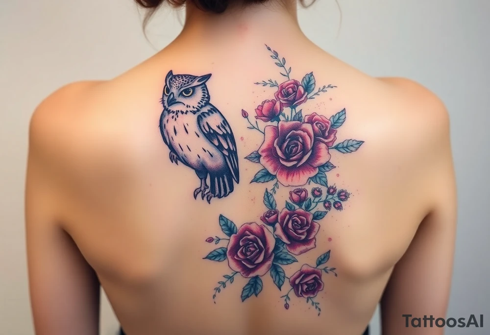 Full back owl on left shoulder flowers on right 3 turtles down spine use multiple rose and vine overlay to fill the empty areas tattoo idea