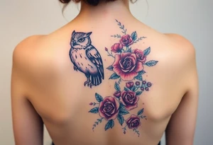 Full back owl on left shoulder flowers on right 3 turtles down spine use multiple rose and vine overlay to fill the empty areas tattoo idea