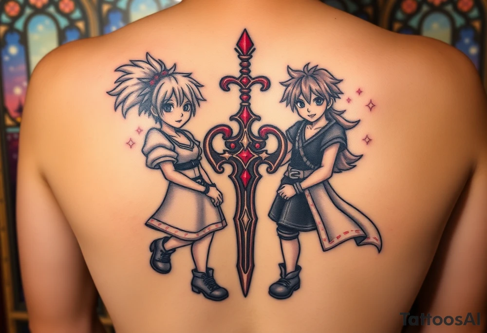 Kingdom Hearts tattoo design featuring from the game, together in a dynamic, united pose. The centerpiece should include the Heartless Keyblade, with a beautiful and ethereal Kingdom Hearts-inspired background—think glowing stars, floating islands, and stained-glass elements in backroung. The design should capture themes of friendship, light vs. darkness, and adventure. Style should be detailed, fantasy-oriented, and suitable for a large piece tattoo idea