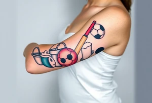 Childhood memories of a book, a bucket and spade, a football, a cricket bat, a cartoon of Dennis the Menace from the Beano comic, and the American Idiot symbol tattoo idea