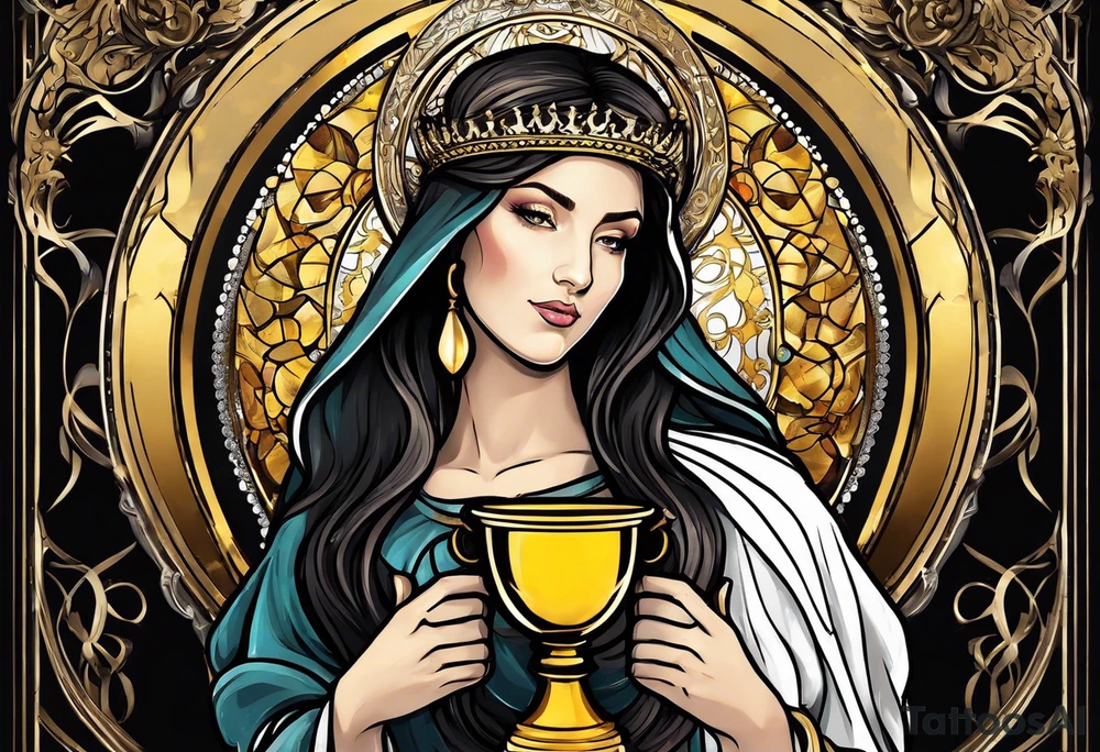 woman saint holding chalice surrounded by golden halo sideways tattoo idea