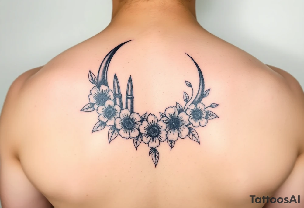 waxing crescent, bullets, flowers, music tattoo idea