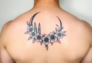waxing crescent, bullets, flowers, music tattoo idea