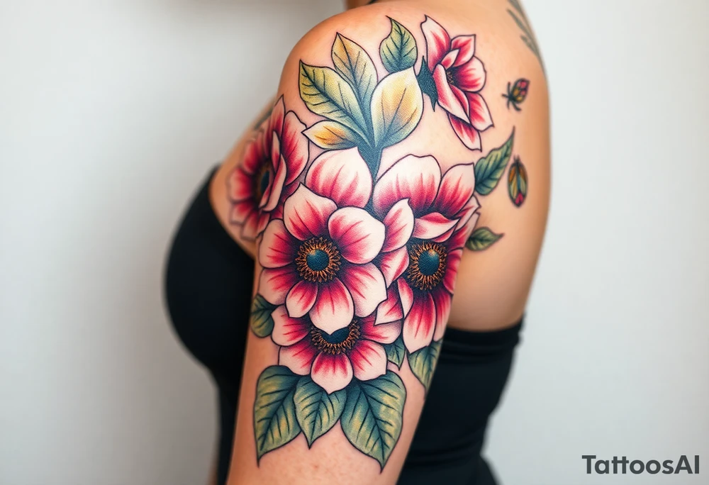 Hourglass climbing roses with sunflowers dragon eyes peeking through tattoo idea