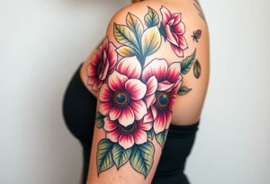 Hourglass climbing roses with sunflowers dragon eyes peeking through tattoo idea