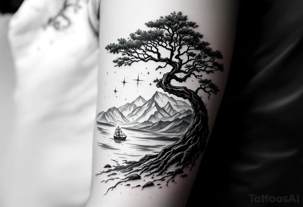 tattoo that has an acacia tree with mountains, ocean with a ship wreck and the northern star tattoo idea