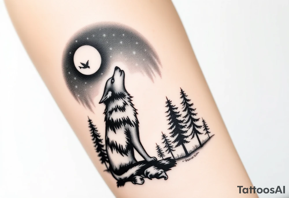 Lone wolf howling at the moon stars in the night sky in a forest with a little dove in the sky tattoo idea