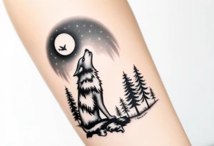 Lone wolf howling at the moon stars in the night sky in a forest with a little dove in the sky tattoo idea