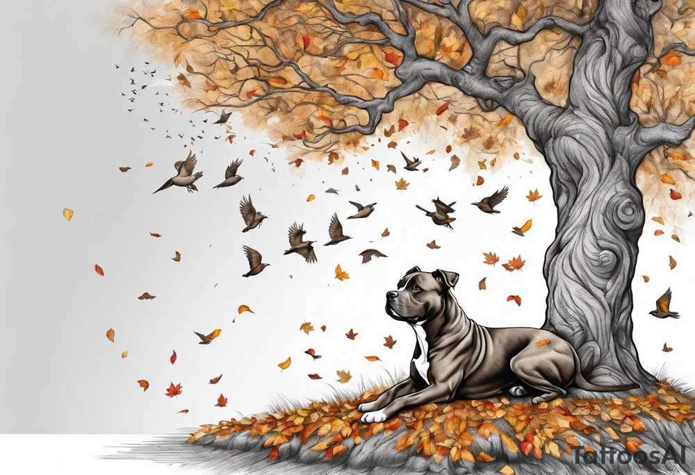 Autumn tree with a pit bull medium size grey brindle dog sitting under it and to the right facing it looking up and birds flying from the top right of the tree far view and full tree tattoo idea