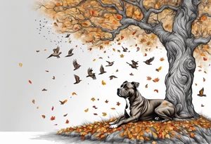 Autumn tree with a pit bull medium size grey brindle dog sitting under it and to the right facing it looking up and birds flying from the top right of the tree far view and full tree tattoo idea