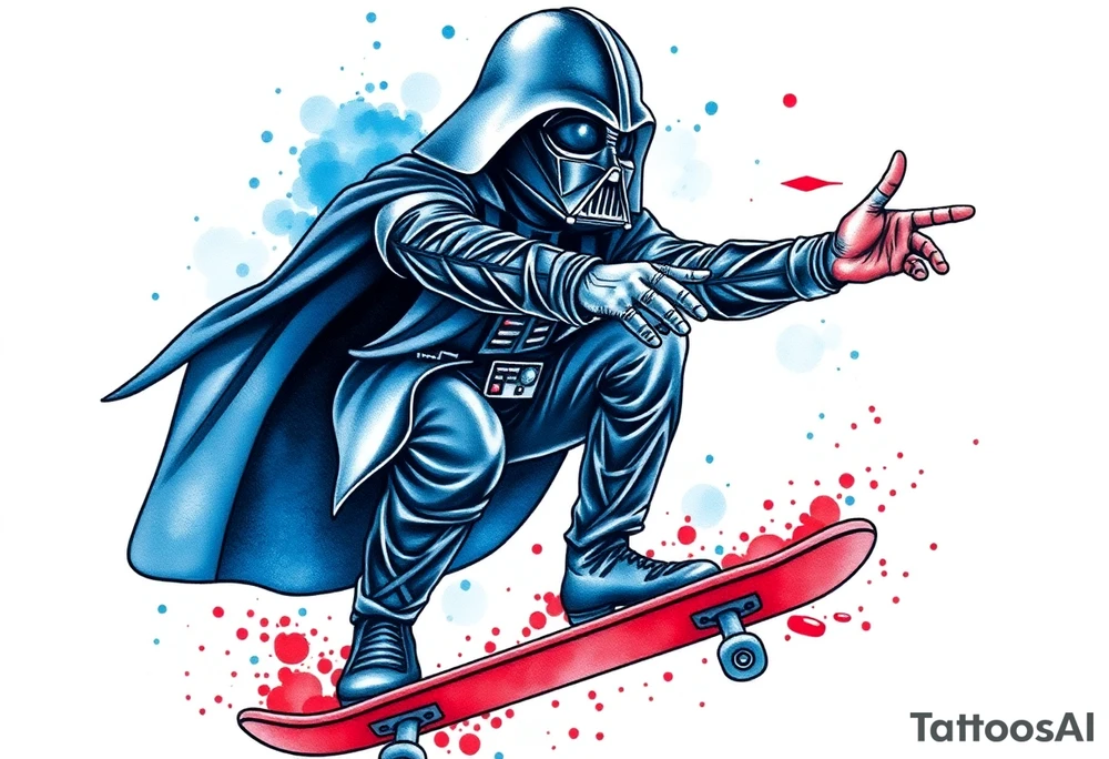 MEMORY TATTOO
Darth Vader skateboarding with hand signal hang loose in heaven, outdoors, bullets, star wars>blue and red 
"Darth Carter"
12/29/88-01/06/24 tattoo idea