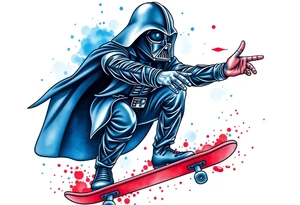 MEMORY TATTOO
Darth Vader skateboarding with hand signal hang loose in heaven, outdoors, bullets, star wars>blue and red 
"Darth Carter"
12/29/88-01/06/24 tattoo idea