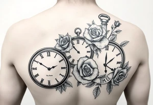 Different clocks with different times showing and for the filler something that compliment roses for males tattoo idea