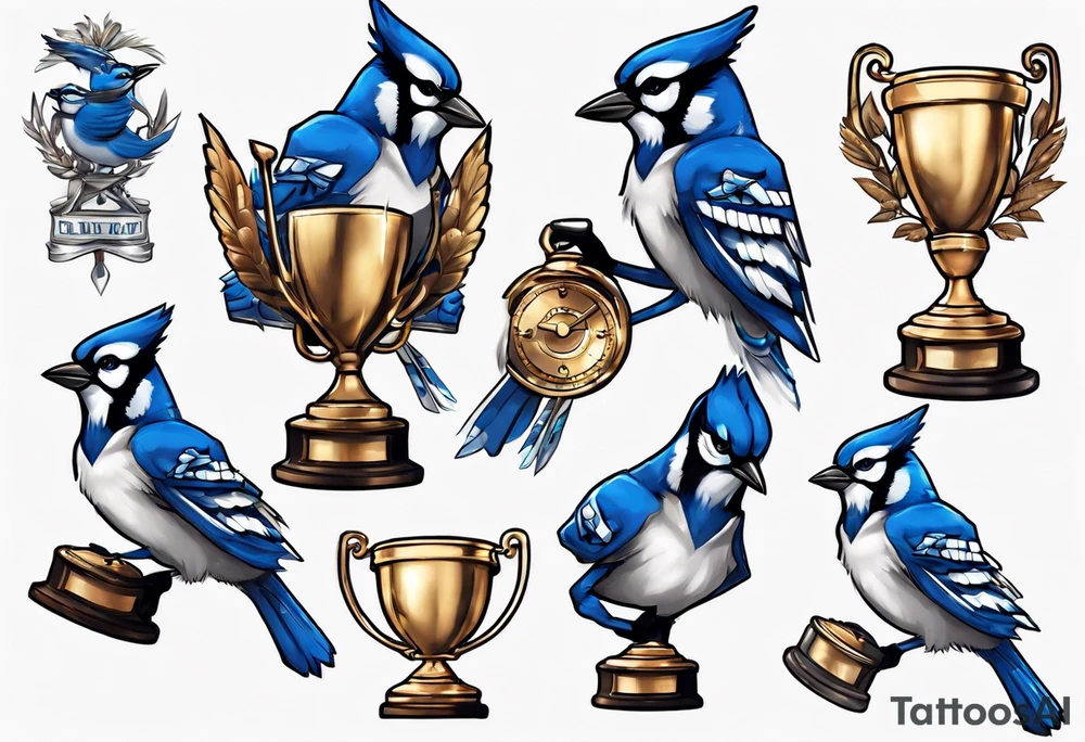bluejay in a suit holding a trophy tattoo idea