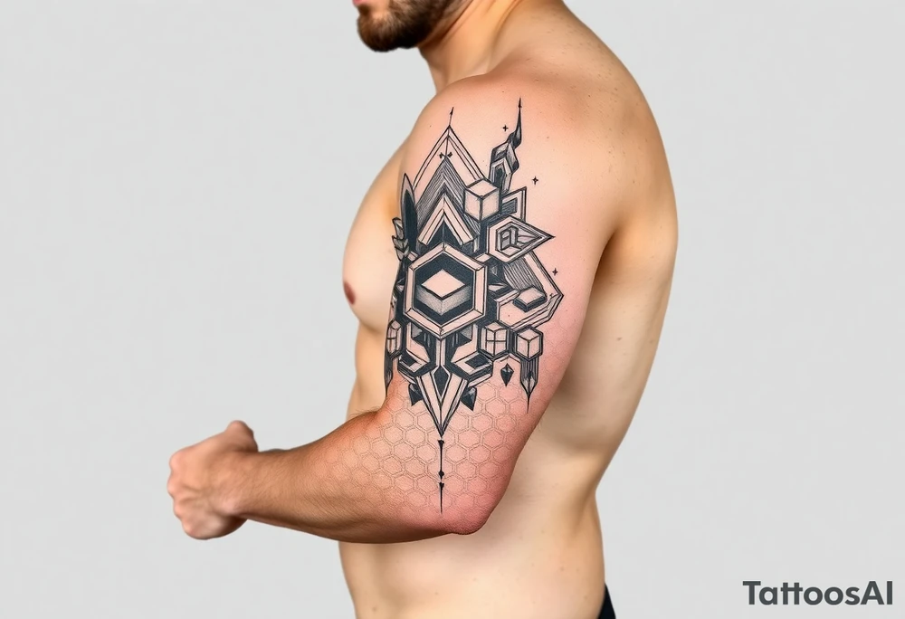 design a full sleeve tattoo that consists of a base layer of abstract hexagon pattern overlaid with a little blackwork abstract while incorporating the top tattoo and integrating slight biomech designs tattoo idea