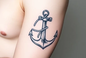 weathered anchor wrapped in nautical rope with sea waves tattoo idea