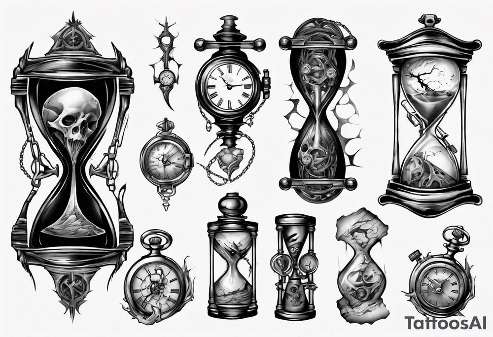 dark fantasy long tattoo
broken hourglass and old watch tattoo idea