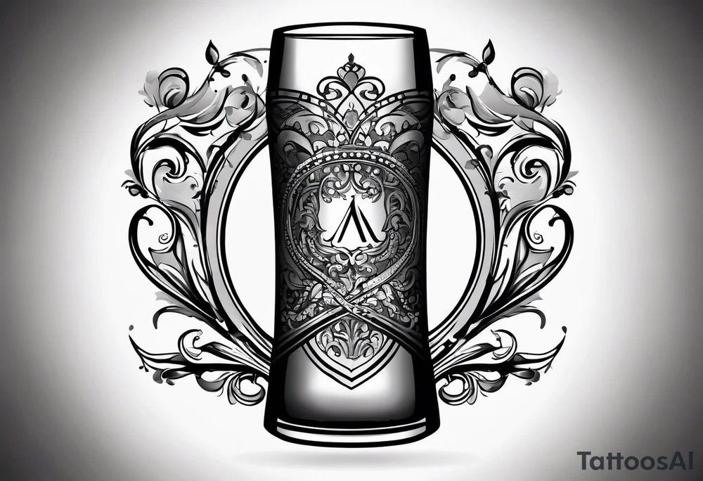 "Cheers Mate" writing black and grey ink armband, intricate, artistic +abstract +grey Cancer Ribbon +toasting bourbon glass tattoo idea