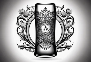 "Cheers Mate" writing black and grey ink armband, intricate, artistic +abstract +grey Cancer Ribbon +toasting bourbon glass tattoo idea