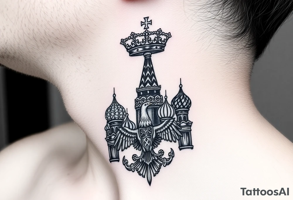 St. George 
3 russian imperial crowns above the Russian coat of arms double eagle
Russian sabre
The Kremlin or St. Basil's Cathedral scene 
on the side of my neck tattoo idea