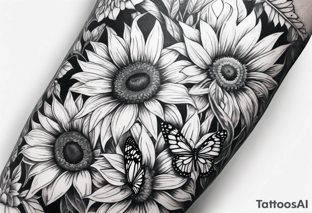 Leg sleeve with sunflowers and butterflies tattoo idea