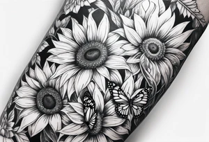Leg sleeve with sunflowers and butterflies tattoo idea