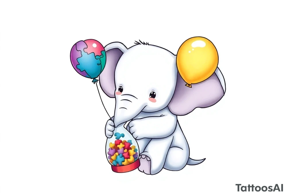 Baby elephant sitting next to an hour glass holding rainbow autism puzzle balloon tattoo idea