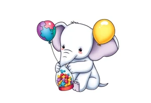 Baby elephant sitting next to an hour glass holding rainbow autism puzzle balloon tattoo idea