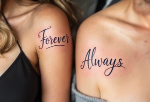 Elegant script “Forever” in burgundy on her shoulder and “Always” in navy for his shoulder inked over the heart show eternal devotion. tattoo idea