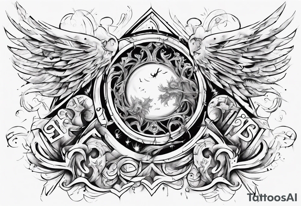 Chest tatoo abstraction with sun and letters and angels tattoo idea