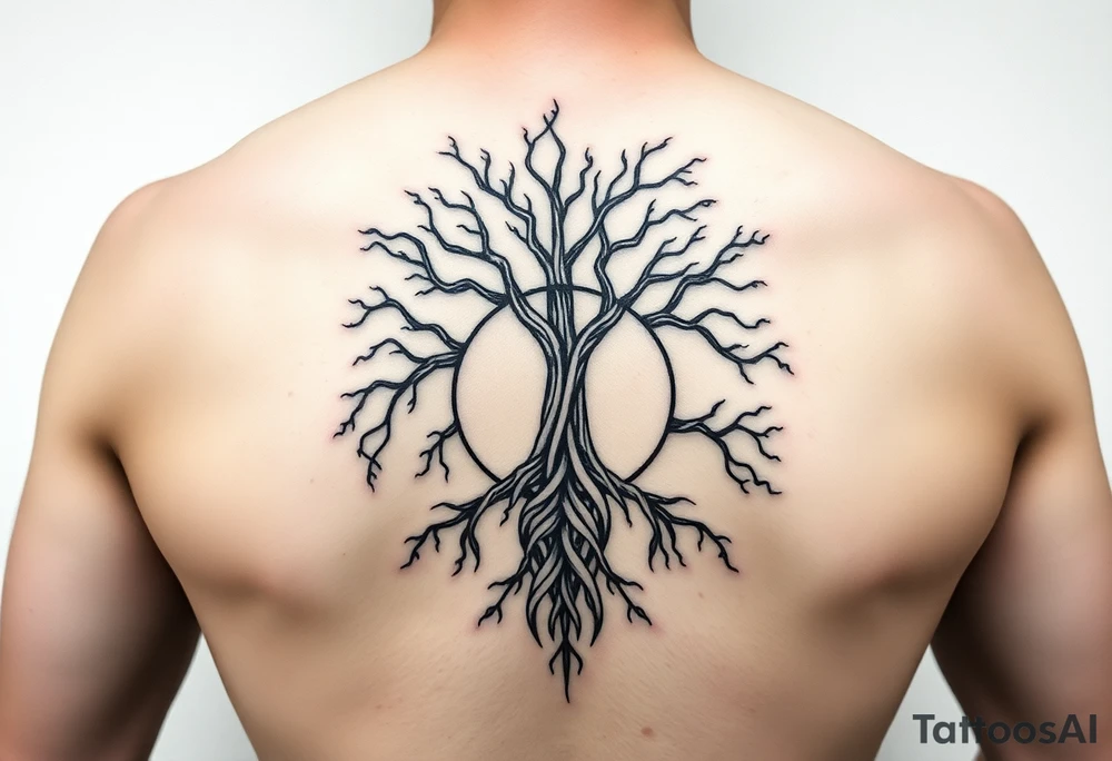 yggadrisl tree of life with circle. Jai , Phoebe, Imogen, Matilda in the circle tattoo idea